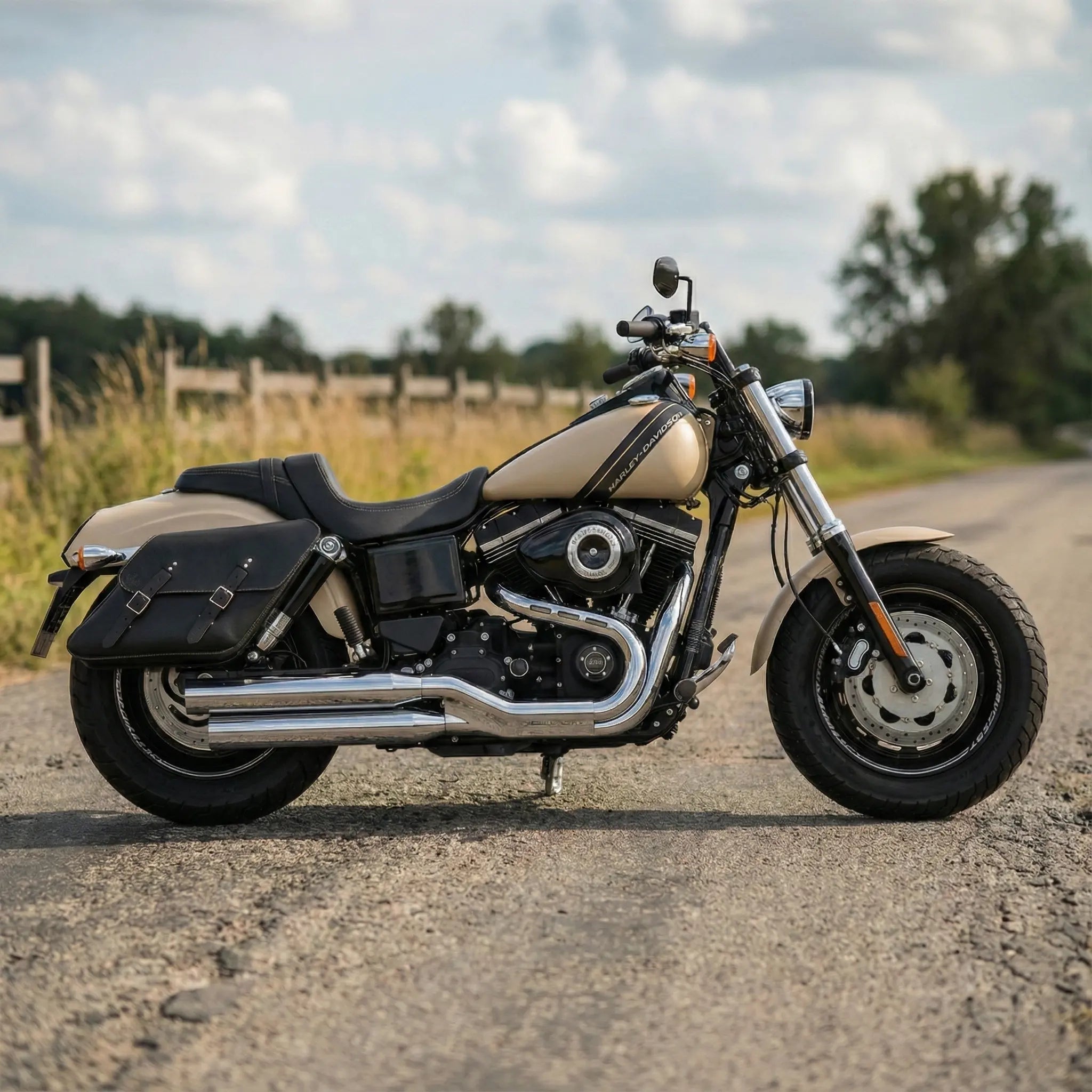 Beige motorcycle on a road with a scenic background