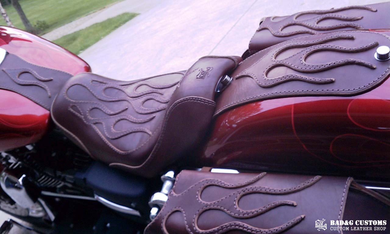 Custom Leather Flame Seat & Saddlebags Set | Harley-Davidson Dyna