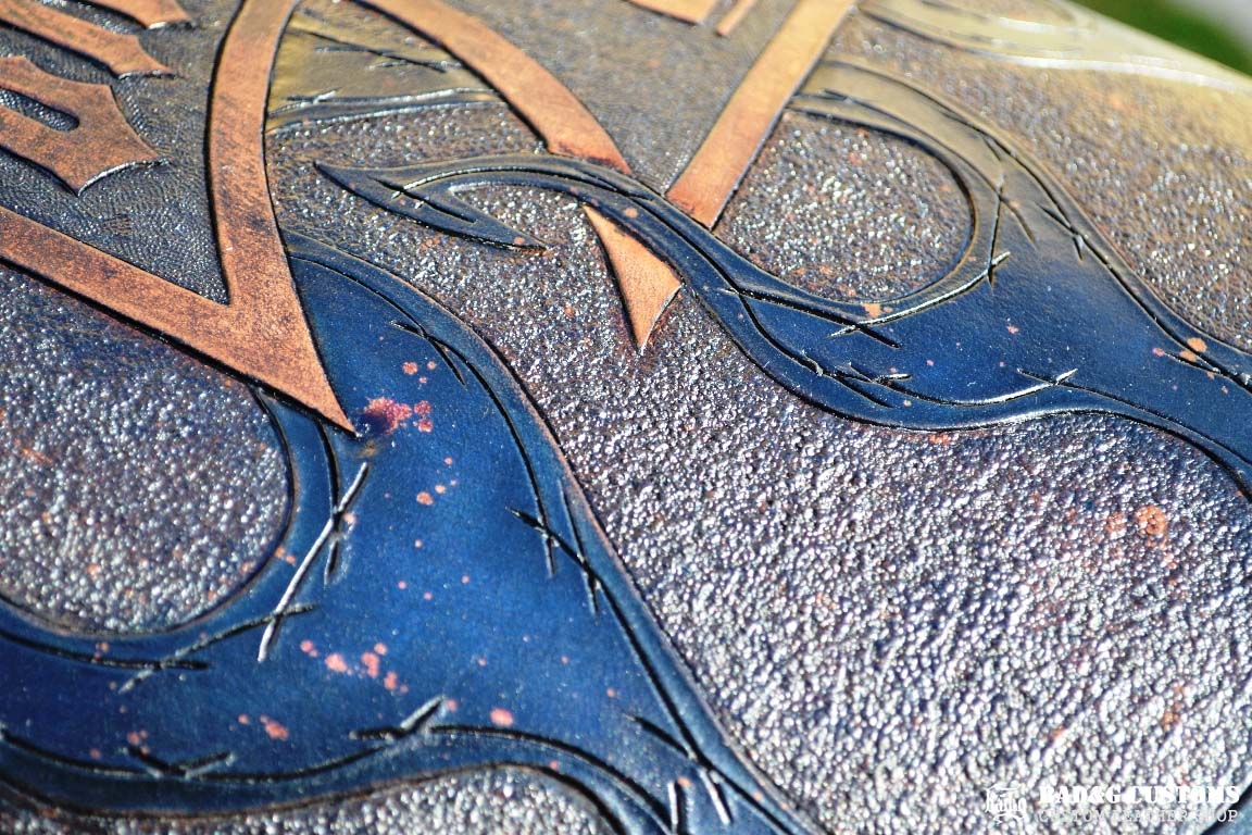 "Big Dog Choppers" logo design hand tooled and braided. Antiqued Blue Veg tan leather with kangaroo lace. West Coast Choppers for Life!