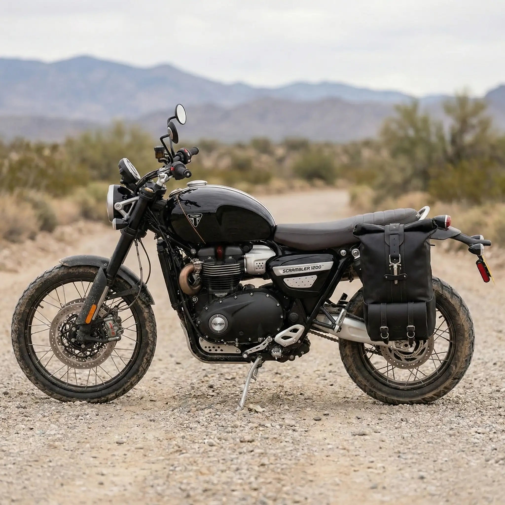 Motorcycle with saddlebags on a desert road with mountains in the background